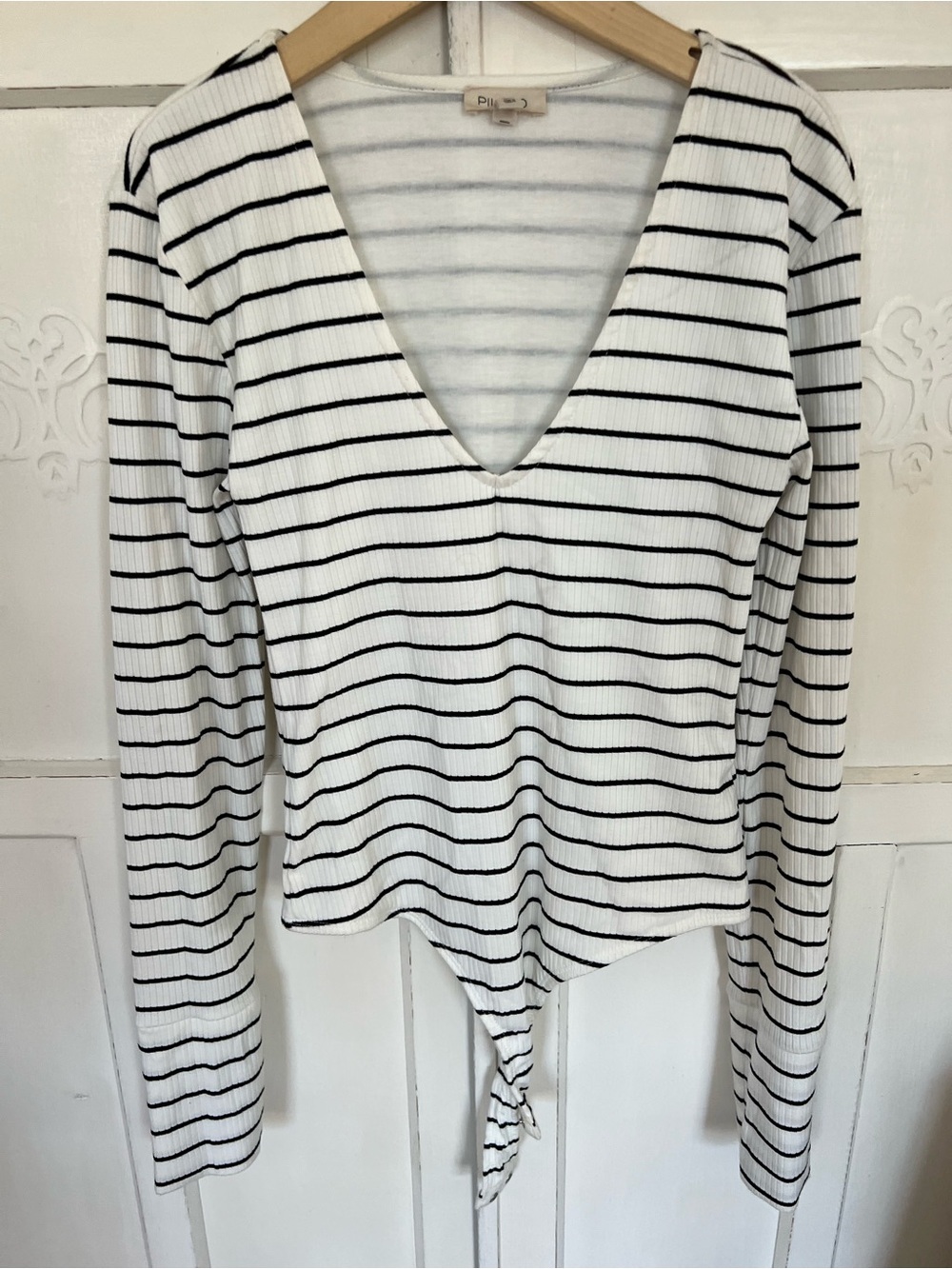 Pilcro White Bodysuit with Black Stripes - V-Neck Long Sleeve Size XS